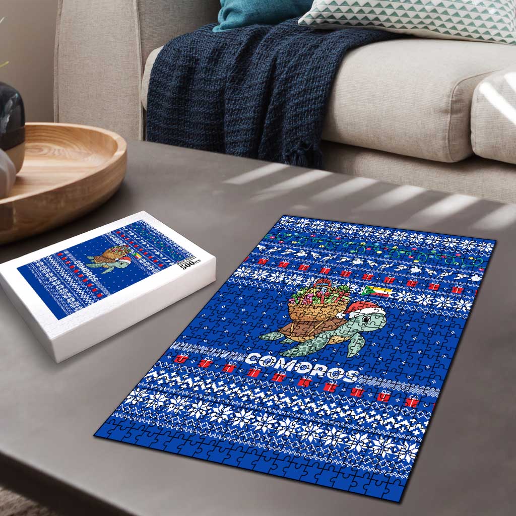 Comoros Christmas Puzzle with Santa Turtle Gifts Snowflakes and Ocean Blue Holiday Pattern - Wonder Print Shop