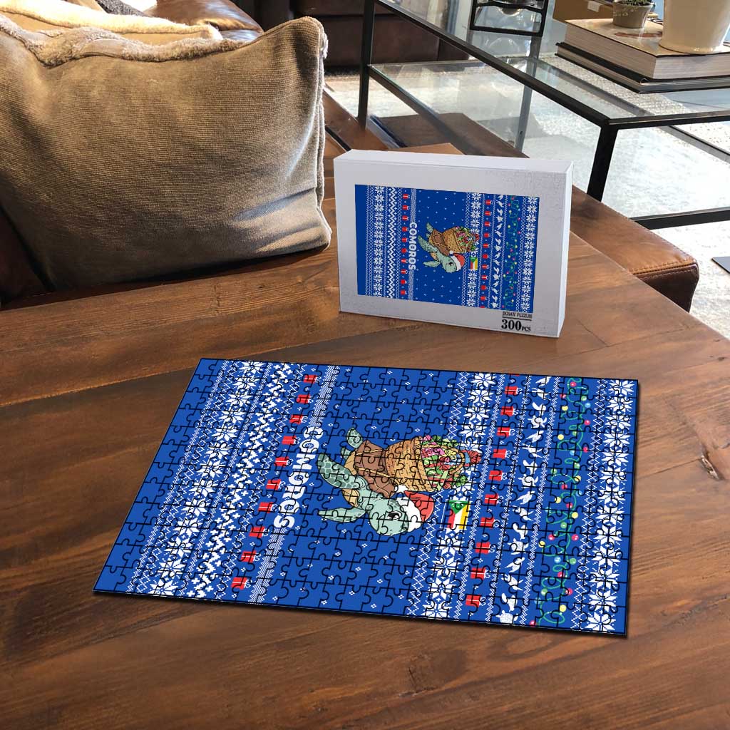 Comoros Christmas Puzzle with Santa Turtle Gifts Snowflakes and Ocean Blue Holiday Pattern - Wonder Print Shop