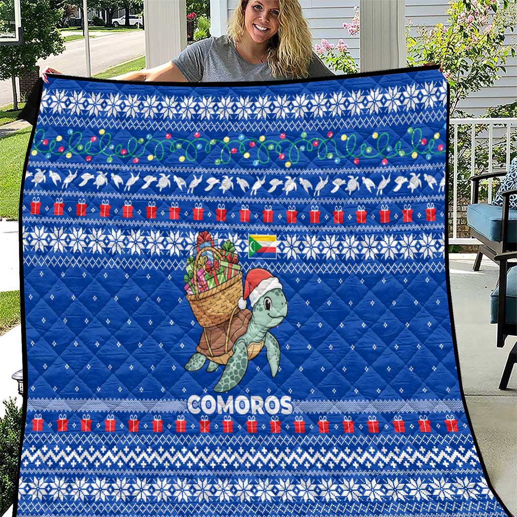 Comoros Christmas Quilt with Santa Turtle Gifts Snowflakes and Ocean Blue Holiday Pattern - Wonder Print Shop