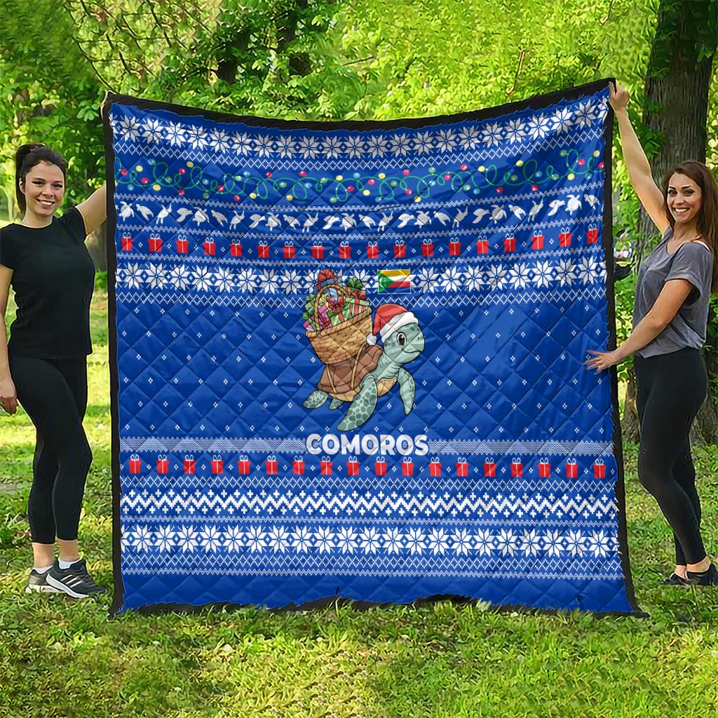 Comoros Christmas Quilt with Santa Turtle Gifts Snowflakes and Ocean Blue Holiday Pattern - Wonder Print Shop