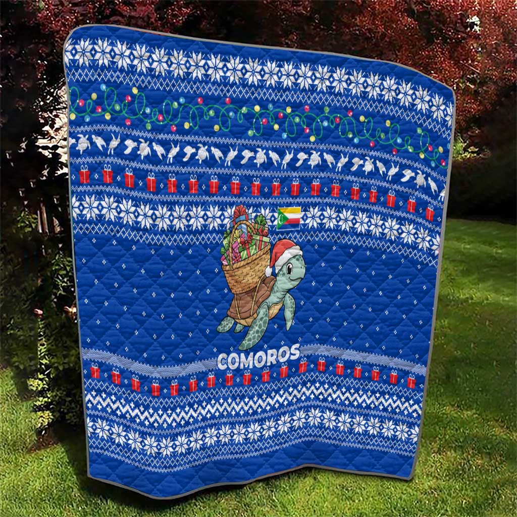 Comoros Christmas Quilt with Santa Turtle Gifts Snowflakes and Ocean Blue Holiday Pattern - Wonder Print Shop