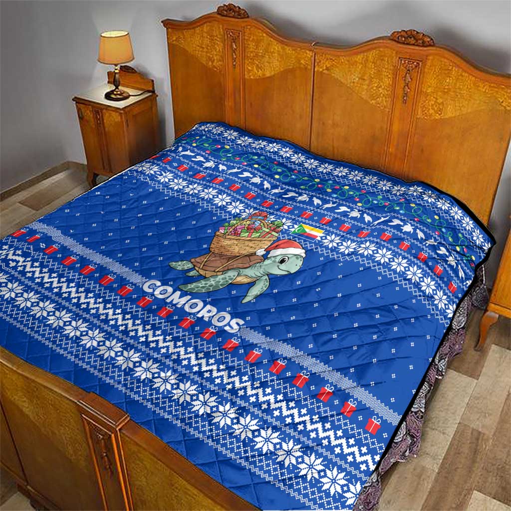 Comoros Christmas Quilt with Santa Turtle Gifts Snowflakes and Ocean Blue Holiday Pattern - Wonder Print Shop
