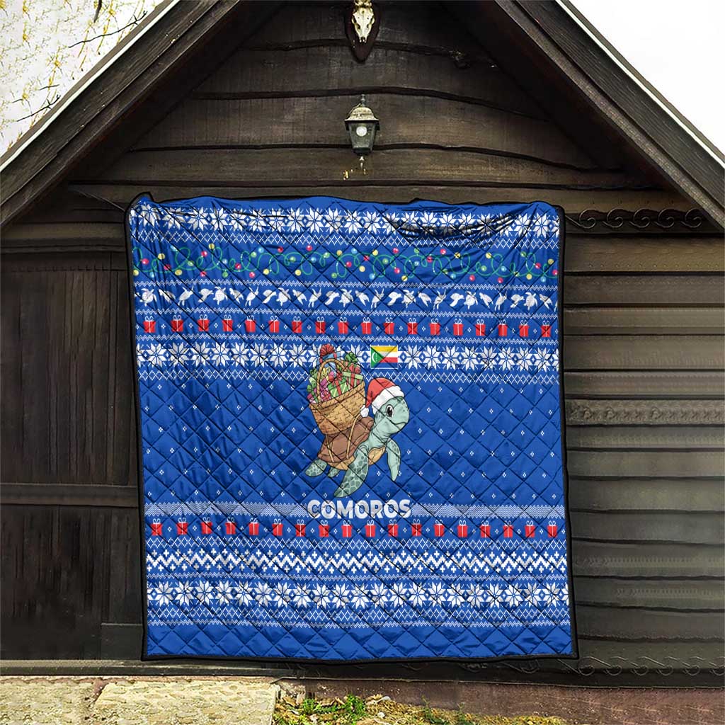 Comoros Christmas Quilt with Santa Turtle Gifts Snowflakes and Ocean Blue Holiday Pattern - Wonder Print Shop