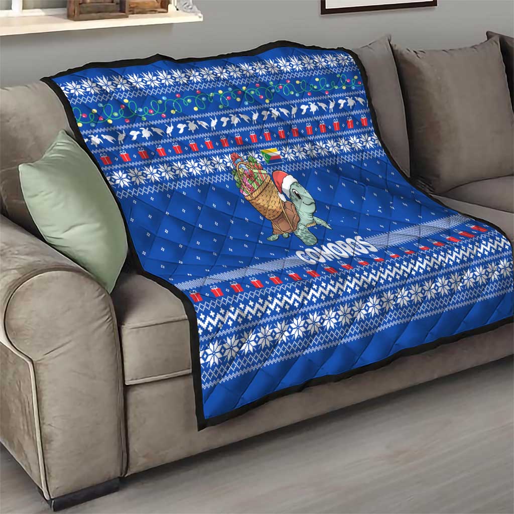 Comoros Christmas Quilt with Santa Turtle Gifts Snowflakes and Ocean Blue Holiday Pattern - Wonder Print Shop
