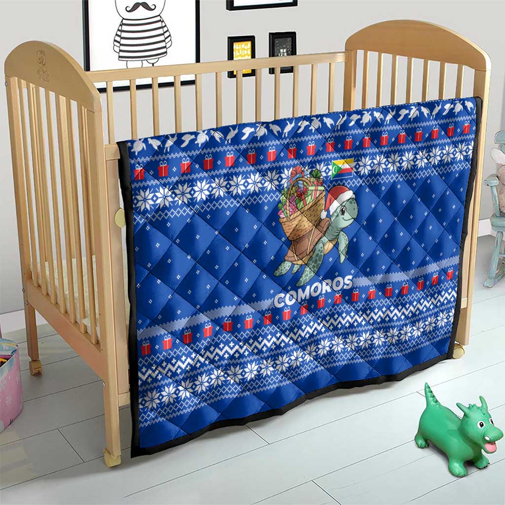 Comoros Christmas Quilt with Santa Turtle Gifts Snowflakes and Ocean Blue Holiday Pattern - Wonder Print Shop