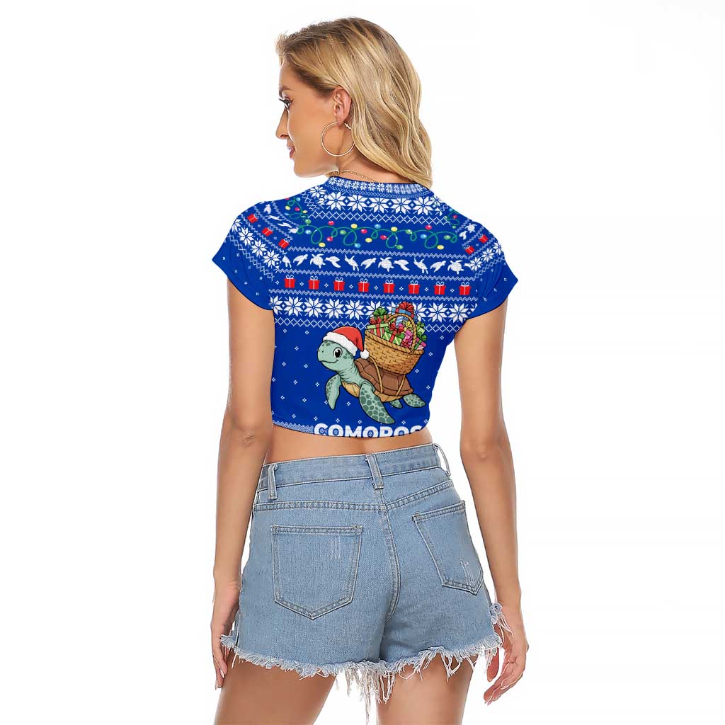 Comoros Christmas Raglan Cropped T Shirt with Santa Turtle Gifts Snowflakes and Ocean Blue Holiday Pattern - Wonder Print Shop