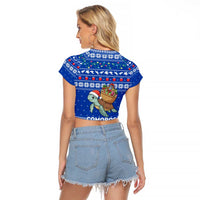 Comoros Christmas Raglan Cropped T Shirt with Santa Turtle Gifts Snowflakes and Ocean Blue Holiday Pattern - Wonder Print Shop