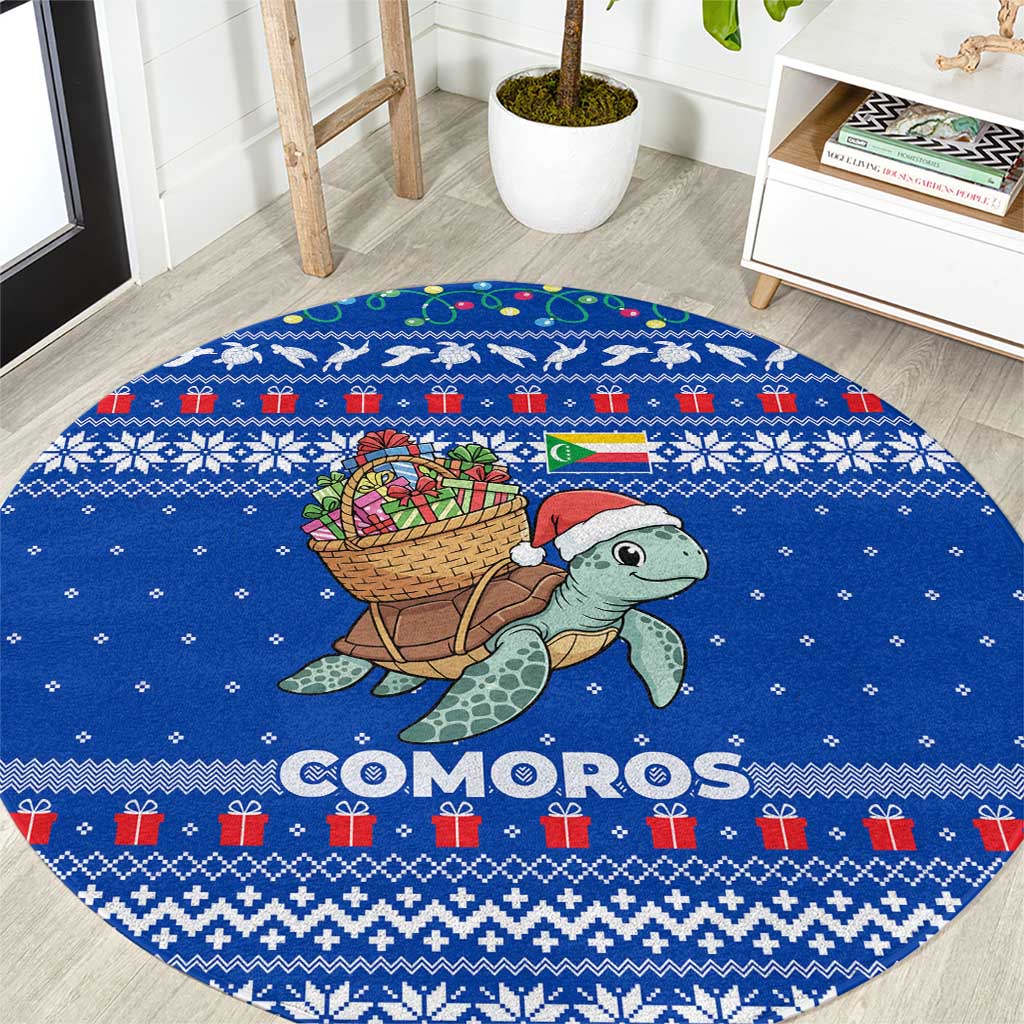 Comoros Christmas Round Carpet with Santa Turtle Gifts Snowflakes and Ocean Blue Holiday Pattern - Wonder Print Shop