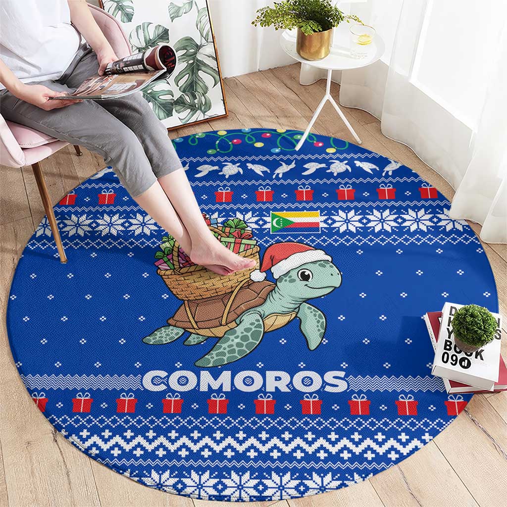 Comoros Christmas Round Carpet with Santa Turtle Gifts Snowflakes and Ocean Blue Holiday Pattern - Wonder Print Shop