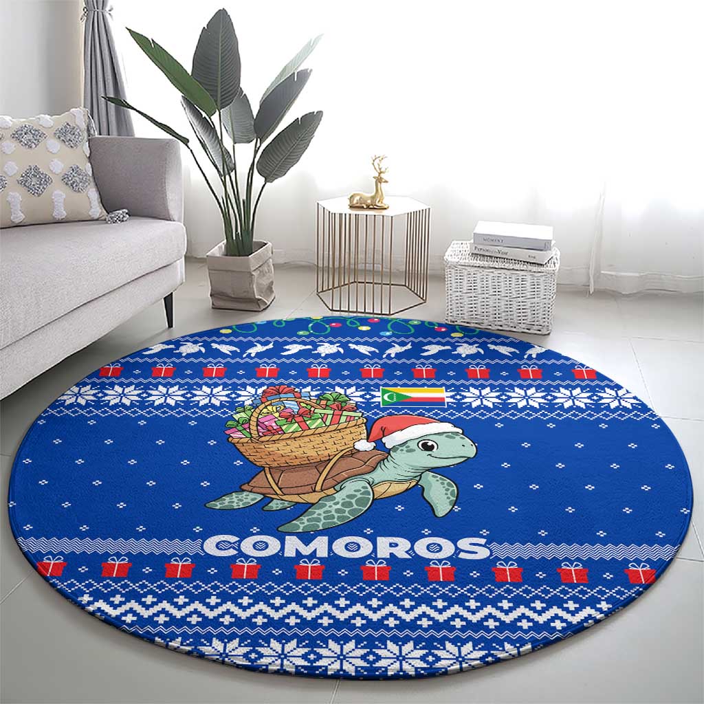 Comoros Christmas Round Carpet with Santa Turtle Gifts Snowflakes and Ocean Blue Holiday Pattern - Wonder Print Shop