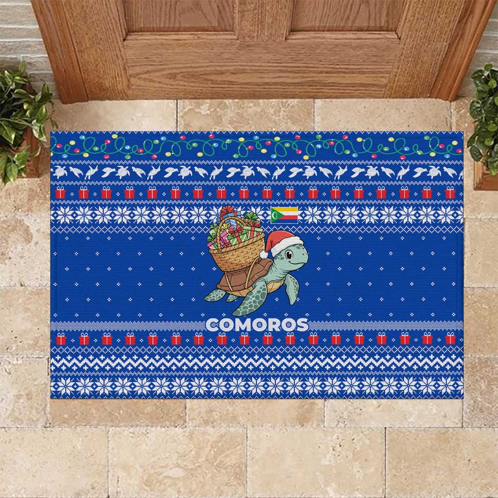 Comoros Christmas Rubber Doormat with Santa Turtle Gifts Snowflakes and Ocean Blue Holiday Pattern - Wonder Print Shop