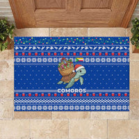 Comoros Christmas Rubber Doormat with Santa Turtle Gifts Snowflakes and Ocean Blue Holiday Pattern - Wonder Print Shop
