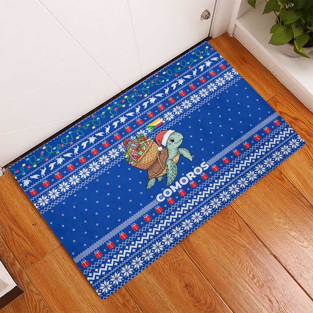 Comoros Christmas Rubber Doormat with Santa Turtle Gifts Snowflakes and Ocean Blue Holiday Pattern - Wonder Print Shop