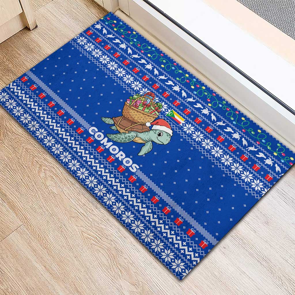 Comoros Christmas Rubber Doormat with Santa Turtle Gifts Snowflakes and Ocean Blue Holiday Pattern - Wonder Print Shop