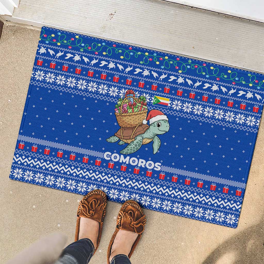 Comoros Christmas Rubber Doormat with Santa Turtle Gifts Snowflakes and Ocean Blue Holiday Pattern - Wonder Print Shop