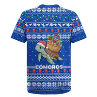 Comoros Christmas Rugby Jersey with Santa Turtle Gifts Snowflakes and Ocean Blue Holiday Pattern - Wonder Print Shop