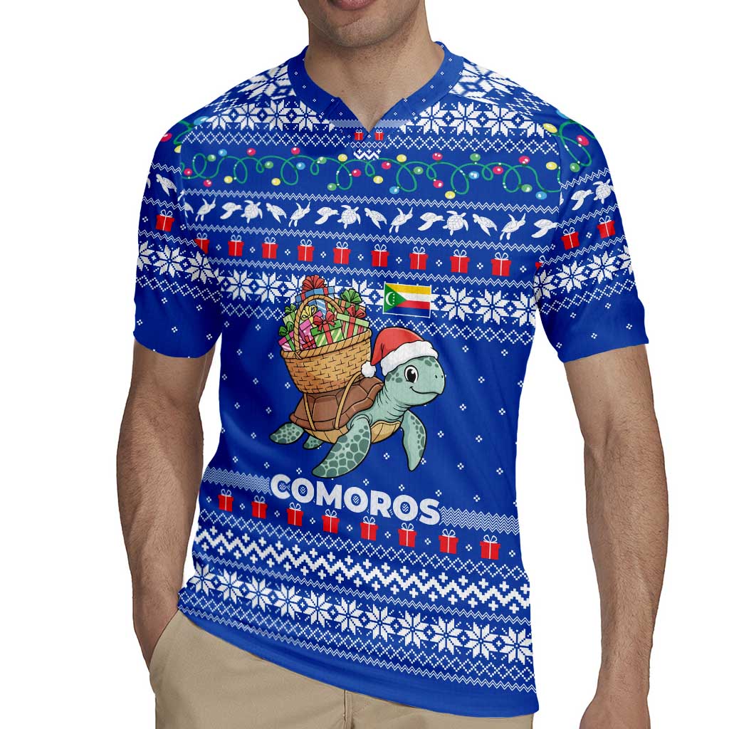 Comoros Christmas Rugby Jersey with Santa Turtle Gifts Snowflakes and Ocean Blue Holiday Pattern - Wonder Print Shop