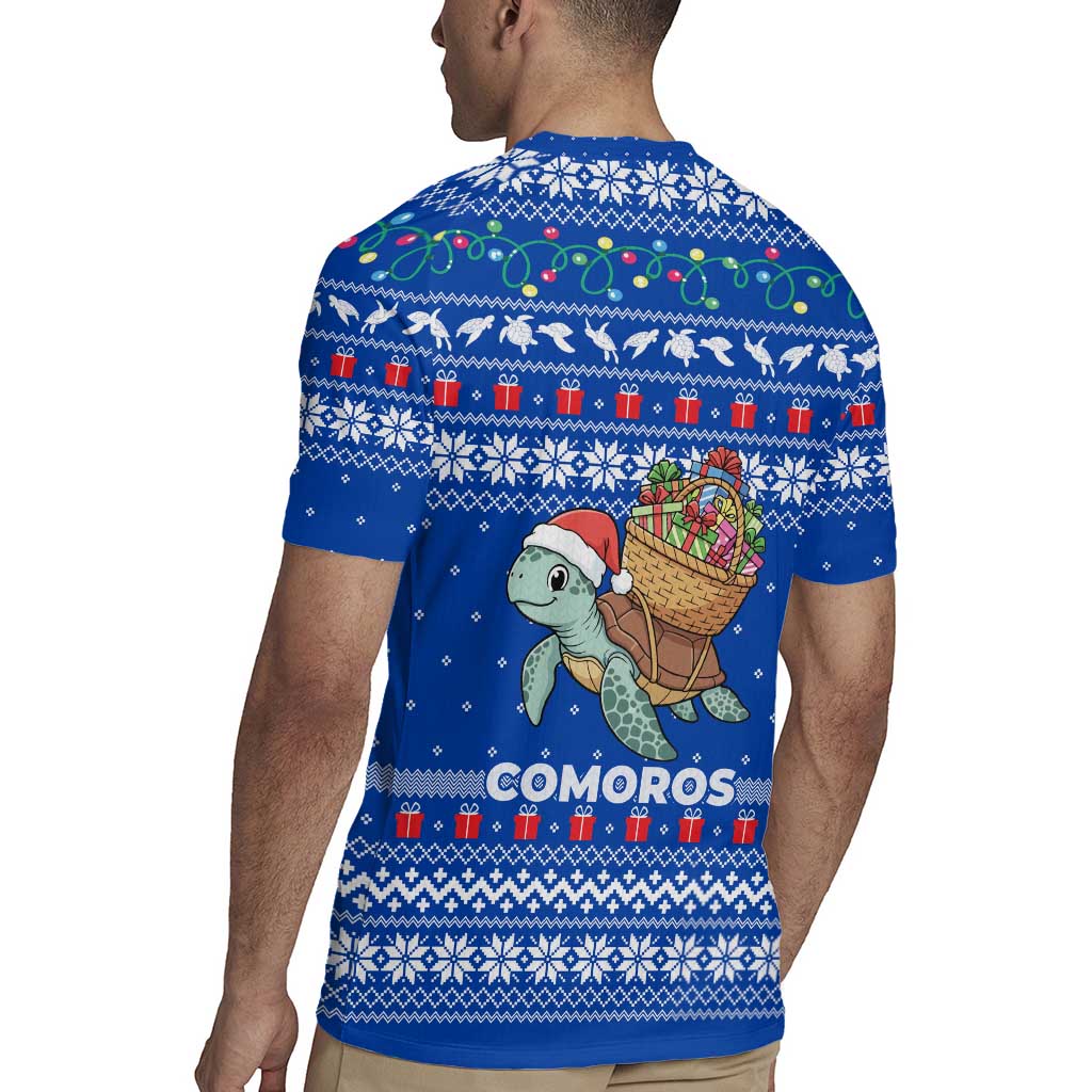 Comoros Christmas Rugby Jersey with Santa Turtle Gifts Snowflakes and Ocean Blue Holiday Pattern - Wonder Print Shop