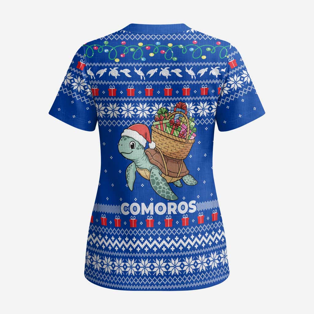 Comoros Christmas Scrub Top with Santa Turtle Gifts Snowflakes and Ocean Blue Holiday Pattern - Wonder Print Shop