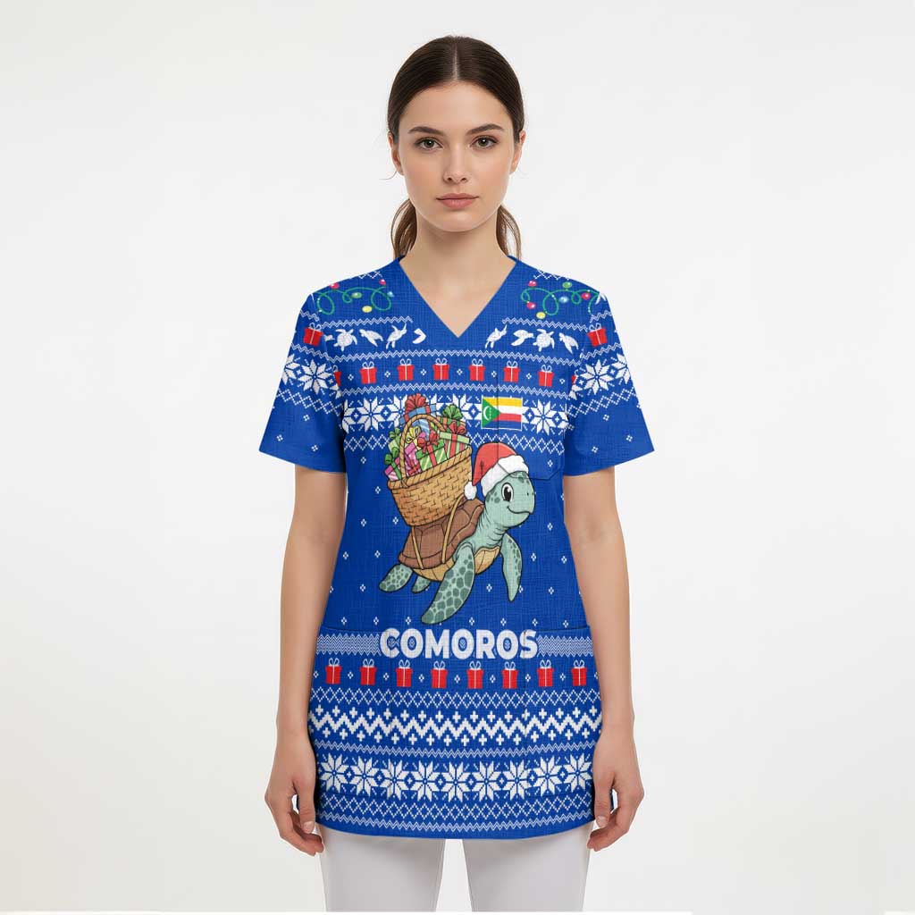 Comoros Christmas Scrub Top with Santa Turtle Gifts Snowflakes and Ocean Blue Holiday Pattern - Wonder Print Shop