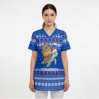 Comoros Christmas Scrub Top with Santa Turtle Gifts Snowflakes and Ocean Blue Holiday Pattern - Wonder Print Shop