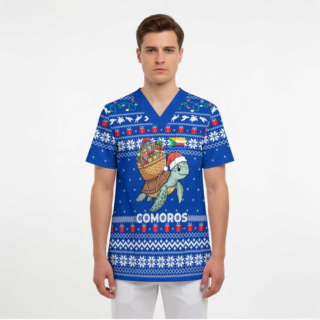 Comoros Christmas Scrub Top with Santa Turtle Gifts Snowflakes and Ocean Blue Holiday Pattern - Wonder Print Shop