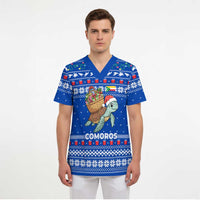 Comoros Christmas Scrub Top with Santa Turtle Gifts Snowflakes and Ocean Blue Holiday Pattern - Wonder Print Shop