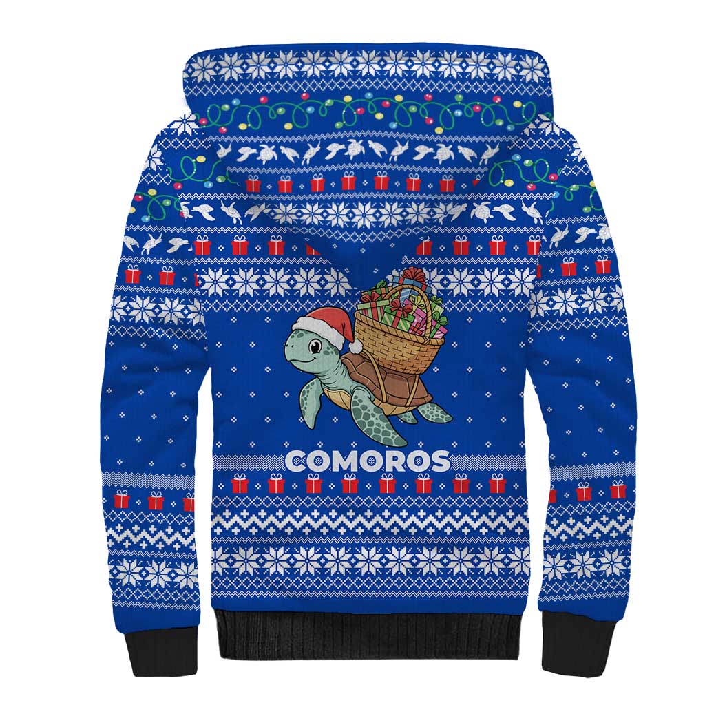 Comoros Christmas Sherpa Hoodie with Santa Turtle Gifts Snowflakes and Ocean Blue Holiday Pattern - Wonder Print Shop