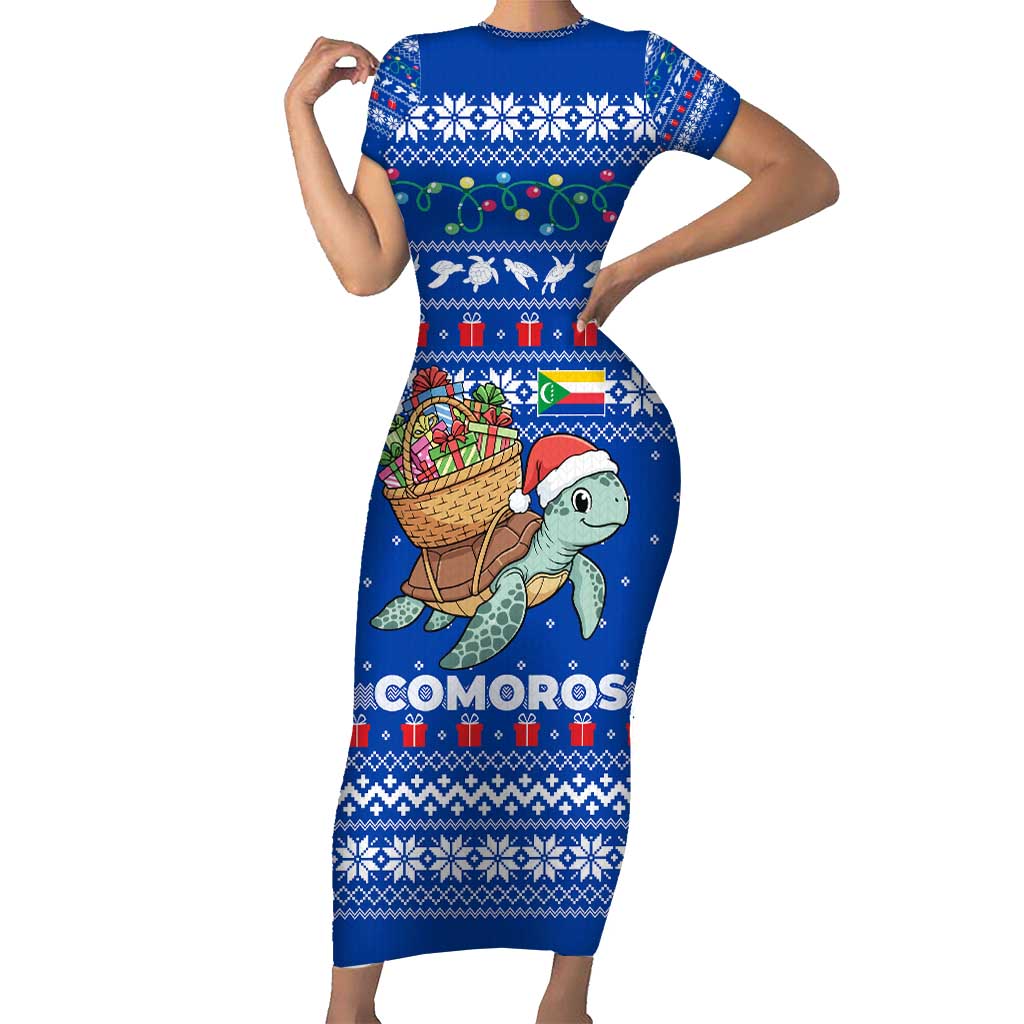 Comoros Christmas Short Sleeve Bodycon Dress with Santa Turtle Gifts Snowflakes and Ocean Blue Holiday Pattern - Wonder Print Shop