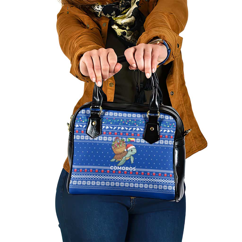 Comoros Christmas Shoulder Handbag with Santa Turtle Gifts Snowflakes and Ocean Blue Holiday Pattern - Wonder Print Shop