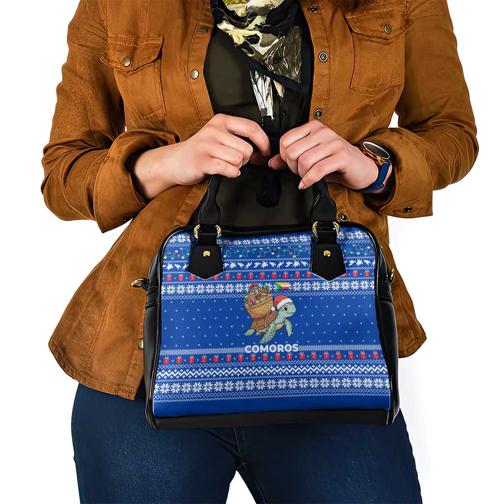 Comoros Christmas Shoulder Handbag with Santa Turtle Gifts Snowflakes and Ocean Blue Holiday Pattern - Wonder Print Shop