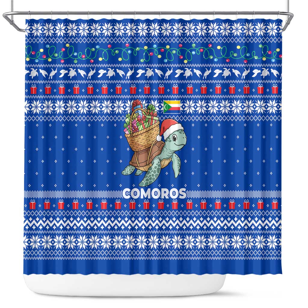 Comoros Christmas Shower Curtain with Santa Turtle Gifts Snowflakes and Ocean Blue Holiday Pattern - Wonder Print Shop