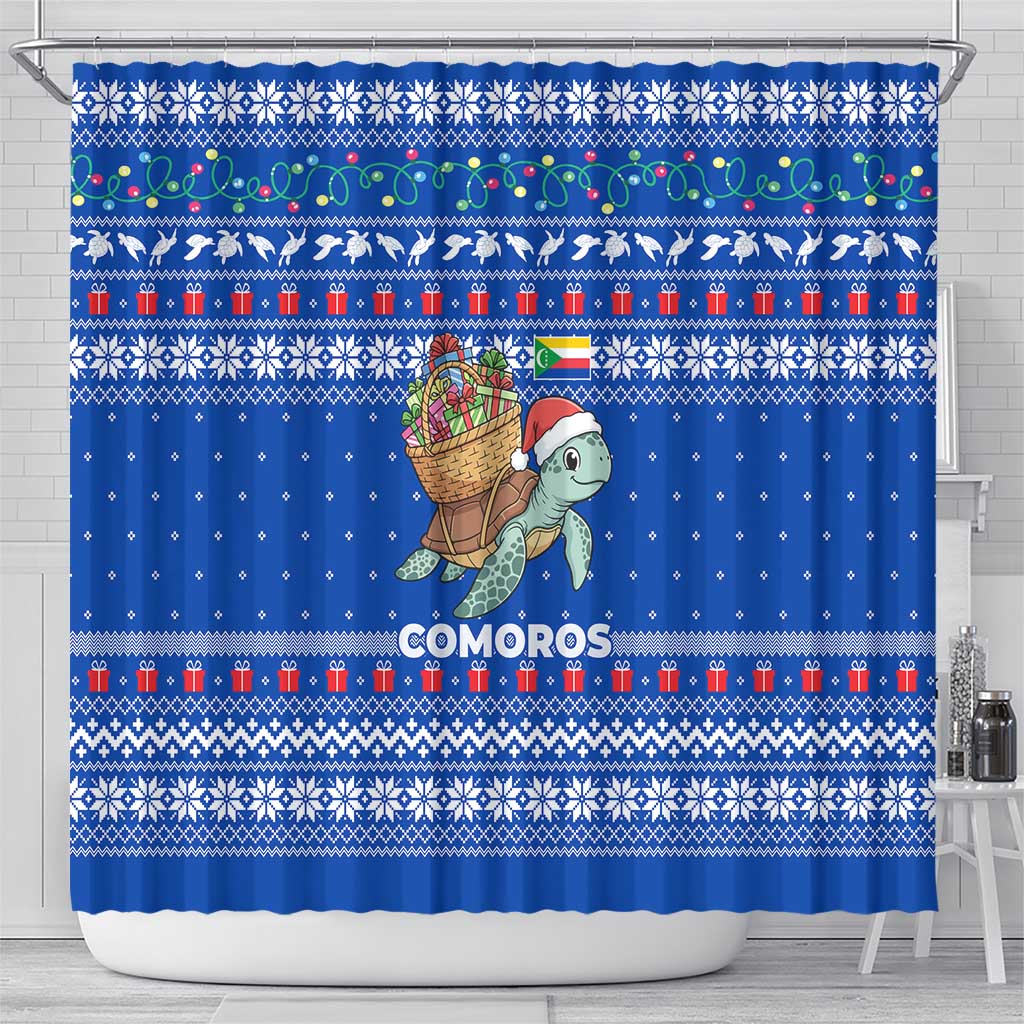 Comoros Christmas Shower Curtain with Santa Turtle Gifts Snowflakes and Ocean Blue Holiday Pattern - Wonder Print Shop