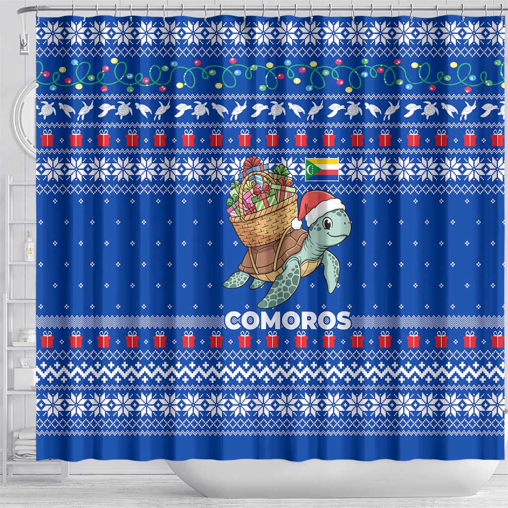 Comoros Christmas Shower Curtain with Santa Turtle Gifts Snowflakes and Ocean Blue Holiday Pattern - Wonder Print Shop