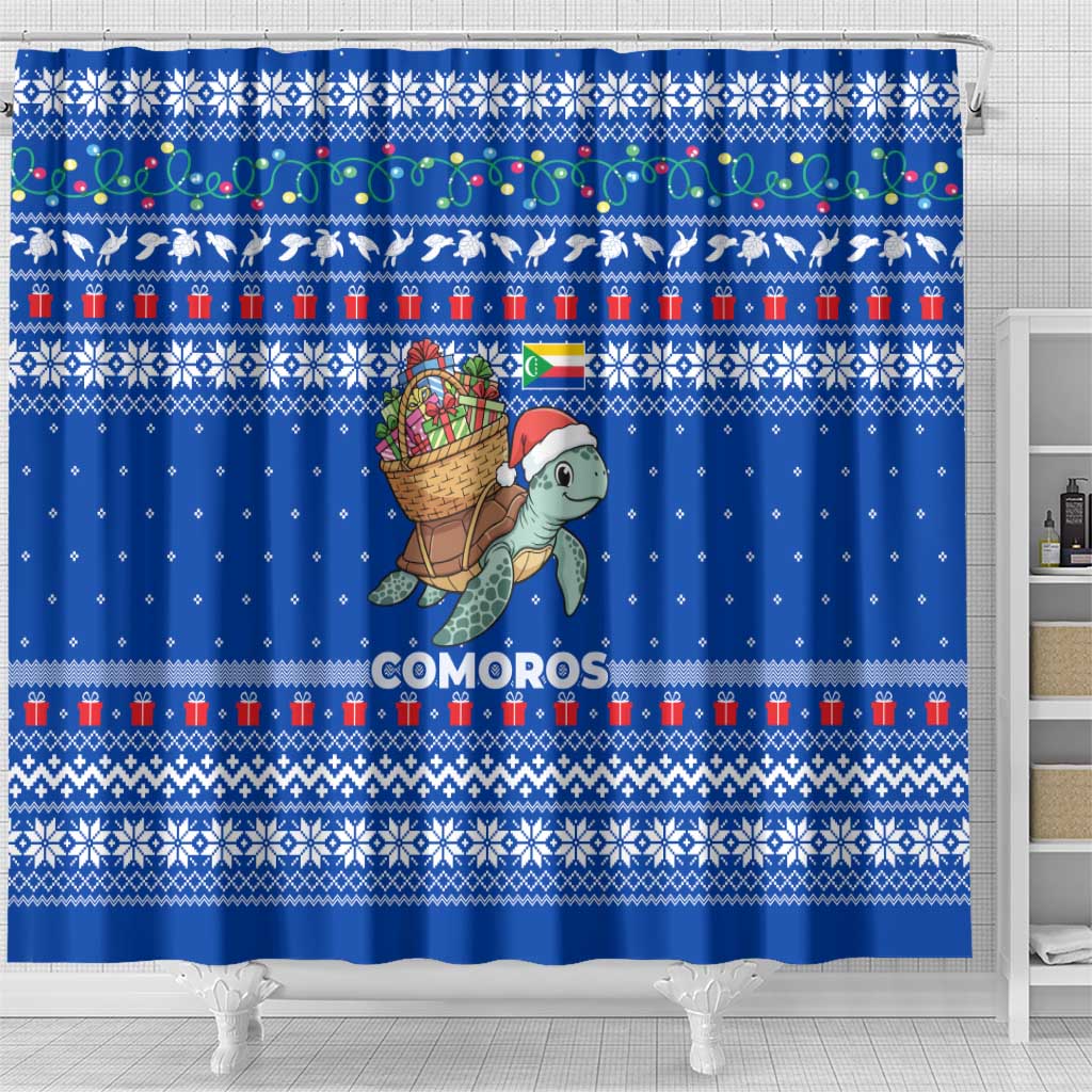 Comoros Christmas Shower Curtain with Santa Turtle Gifts Snowflakes and Ocean Blue Holiday Pattern - Wonder Print Shop