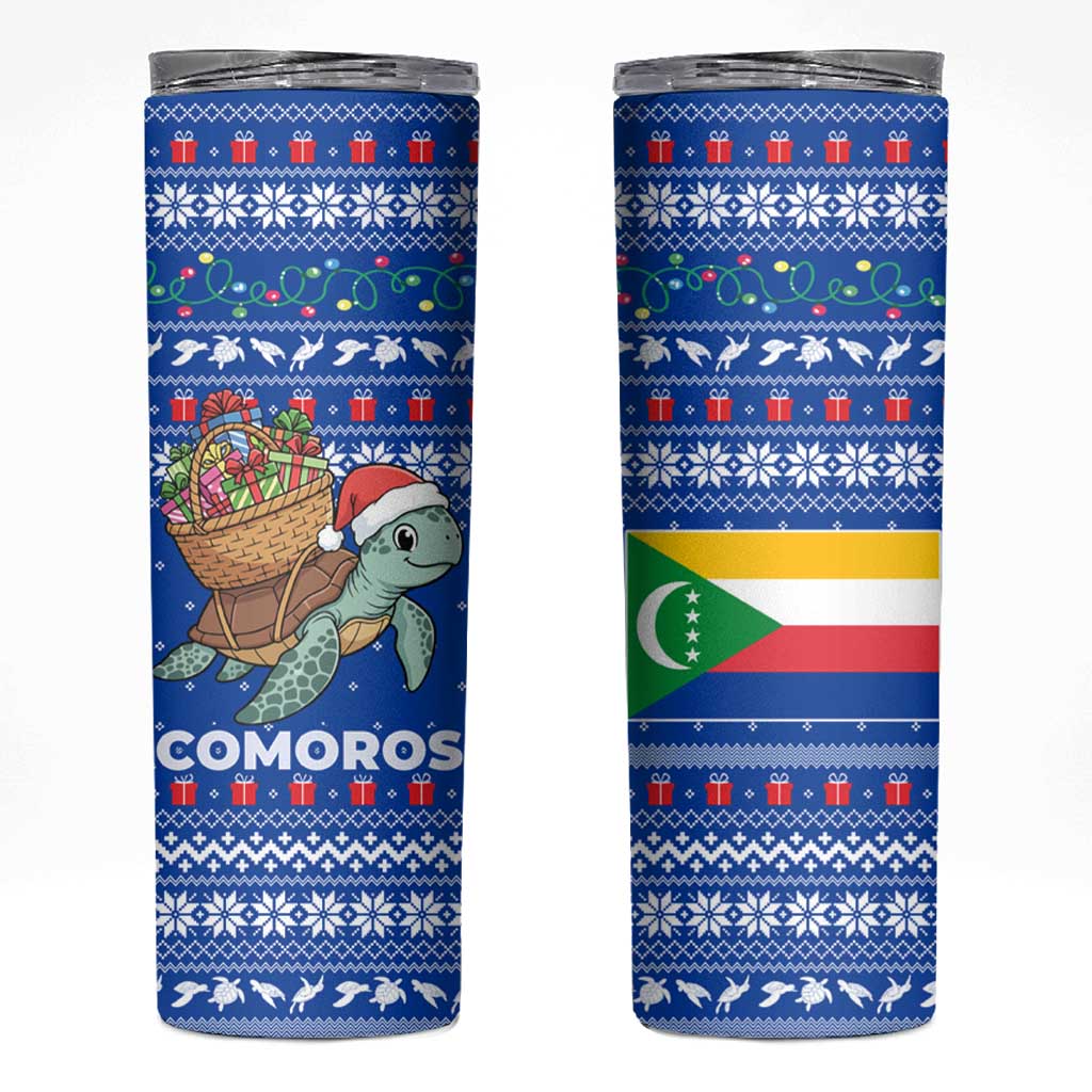 Comoros Christmas Skinny Tumbler with Santa Turtle Gifts Snowflakes and Ocean Blue Holiday Pattern - Wonder Print Shop