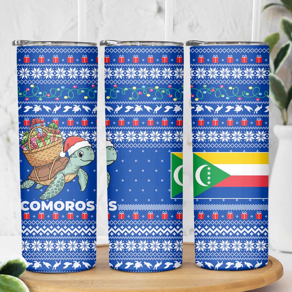 Comoros Christmas Skinny Tumbler with Santa Turtle Gifts Snowflakes and Ocean Blue Holiday Pattern - Wonder Print Shop