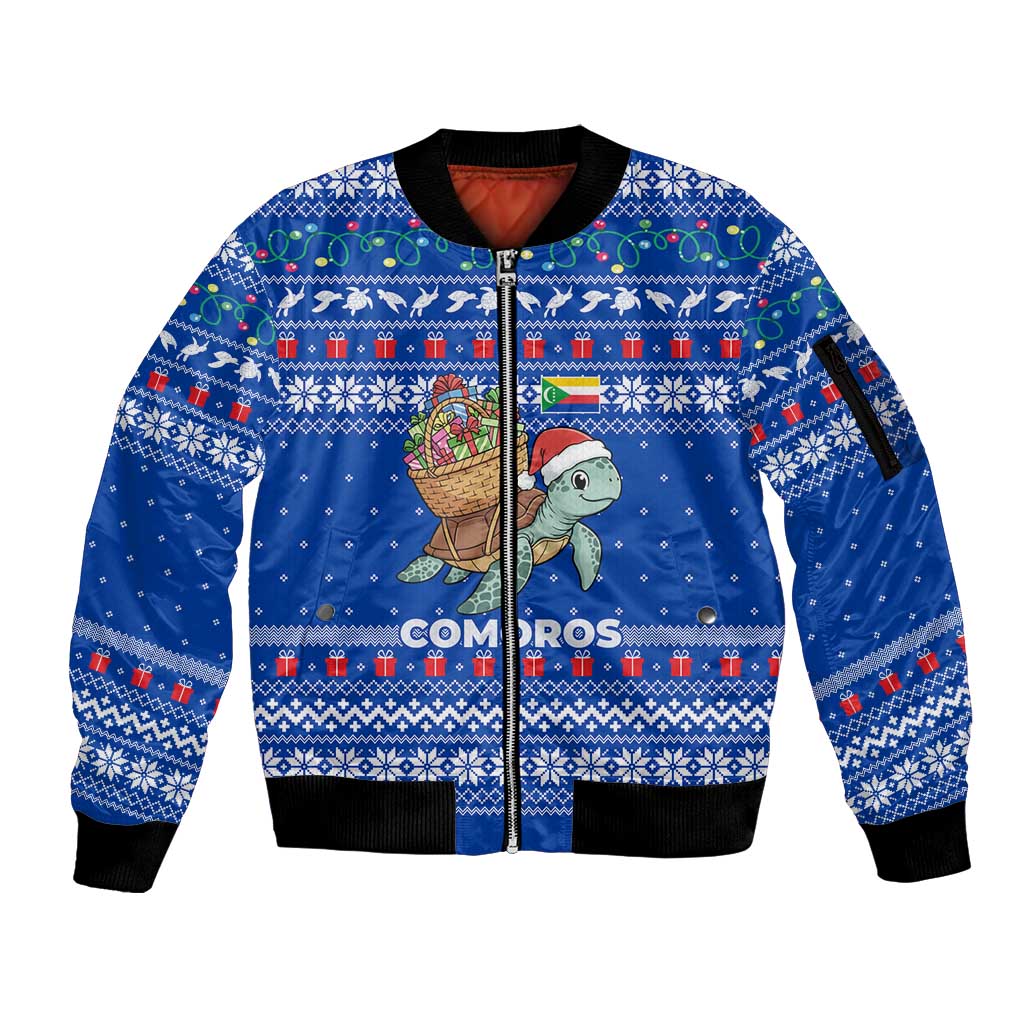 Comoros Christmas Sleeve Zip Bomber Jacket with Santa Turtle Gifts Snowflakes and Ocean Blue Holiday Pattern - Wonder Print Shop
