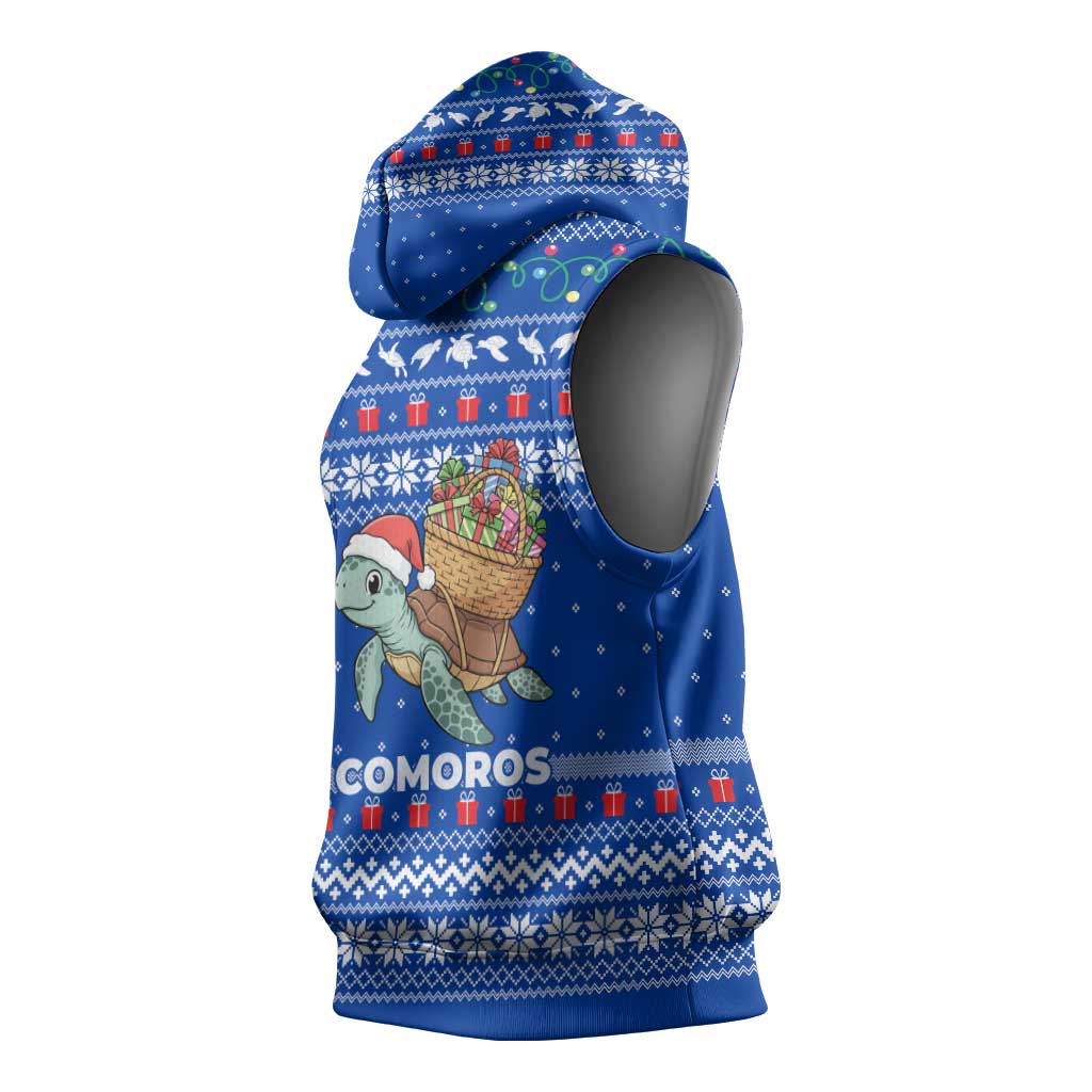 Comoros Christmas Sleeveless Hoodie with Santa Turtle Gifts Snowflakes and Ocean Blue Holiday Pattern - Wonder Print Shop