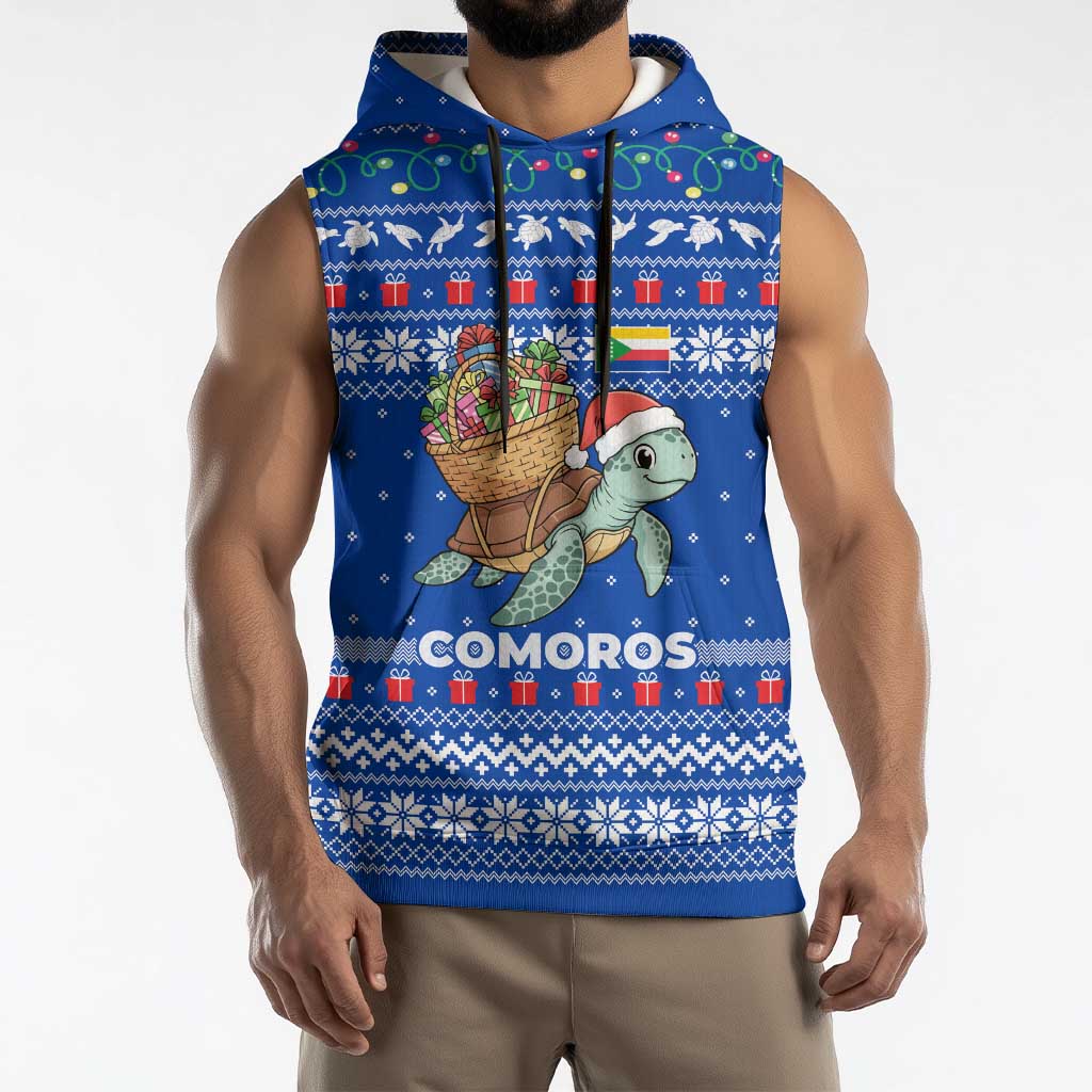 Comoros Christmas Sleeveless Hoodie with Santa Turtle Gifts Snowflakes and Ocean Blue Holiday Pattern - Wonder Print Shop