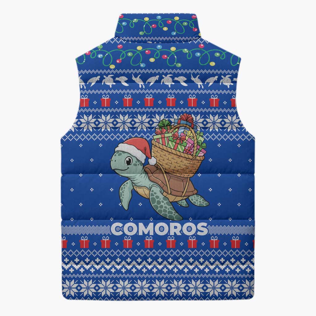 Comoros Christmas Sleeveless Puffer Jacket with Santa Turtle Gifts Snowflakes and Ocean Blue Holiday Pattern - Wonder Print Shop