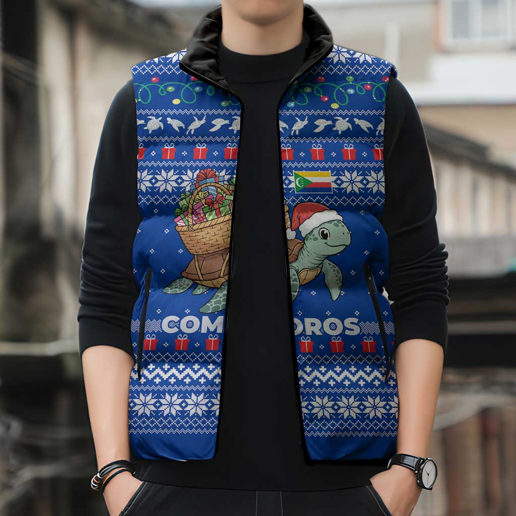 Comoros Christmas Sleeveless Puffer Jacket with Santa Turtle Gifts Snowflakes and Ocean Blue Holiday Pattern - Wonder Print Shop