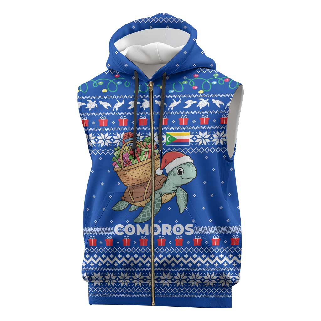 Comoros Christmas Sleeveless Zip Hoodie with Santa Turtle Gifts Snowflakes and Ocean Blue Holiday Pattern - Wonder Print Shop