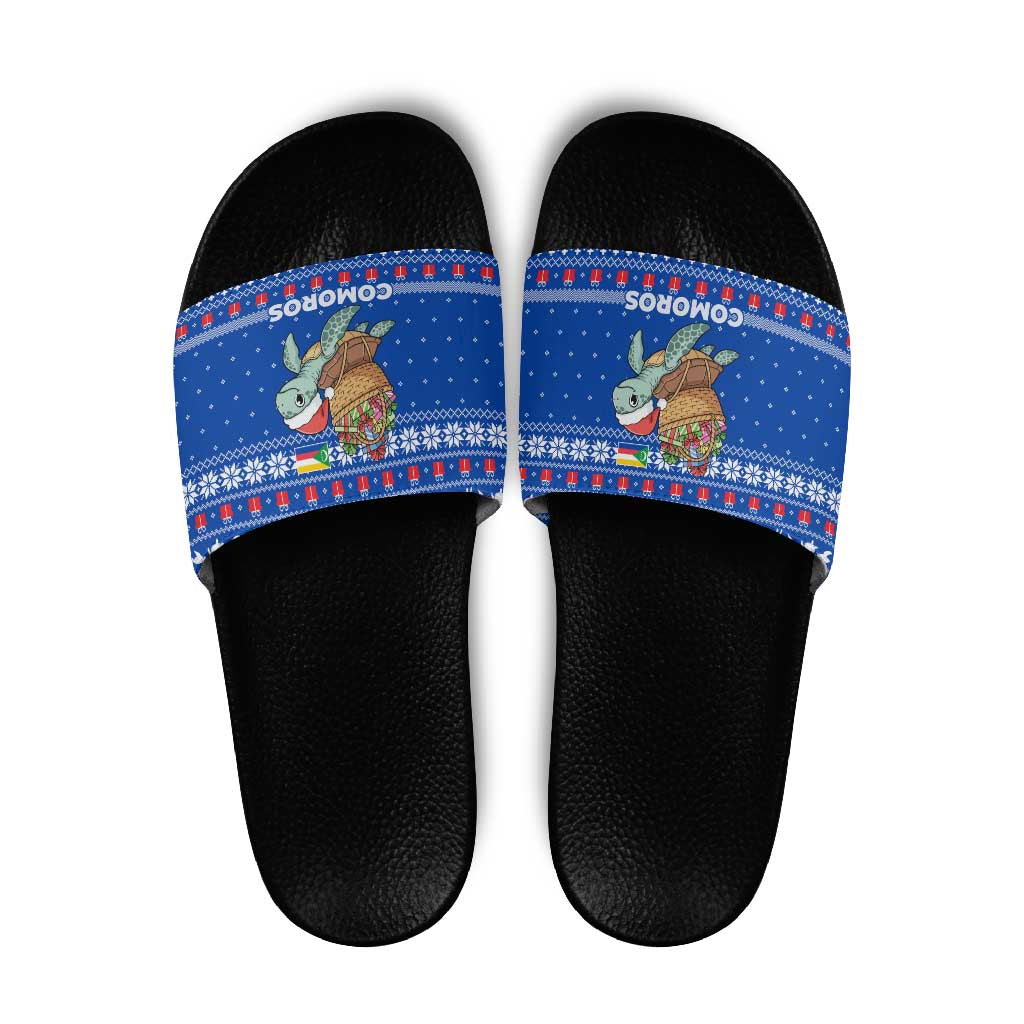 Comoros Christmas Slide Sandals with Santa Turtle Gifts Snowflakes and Ocean Blue Holiday Pattern - Wonder Print Shop