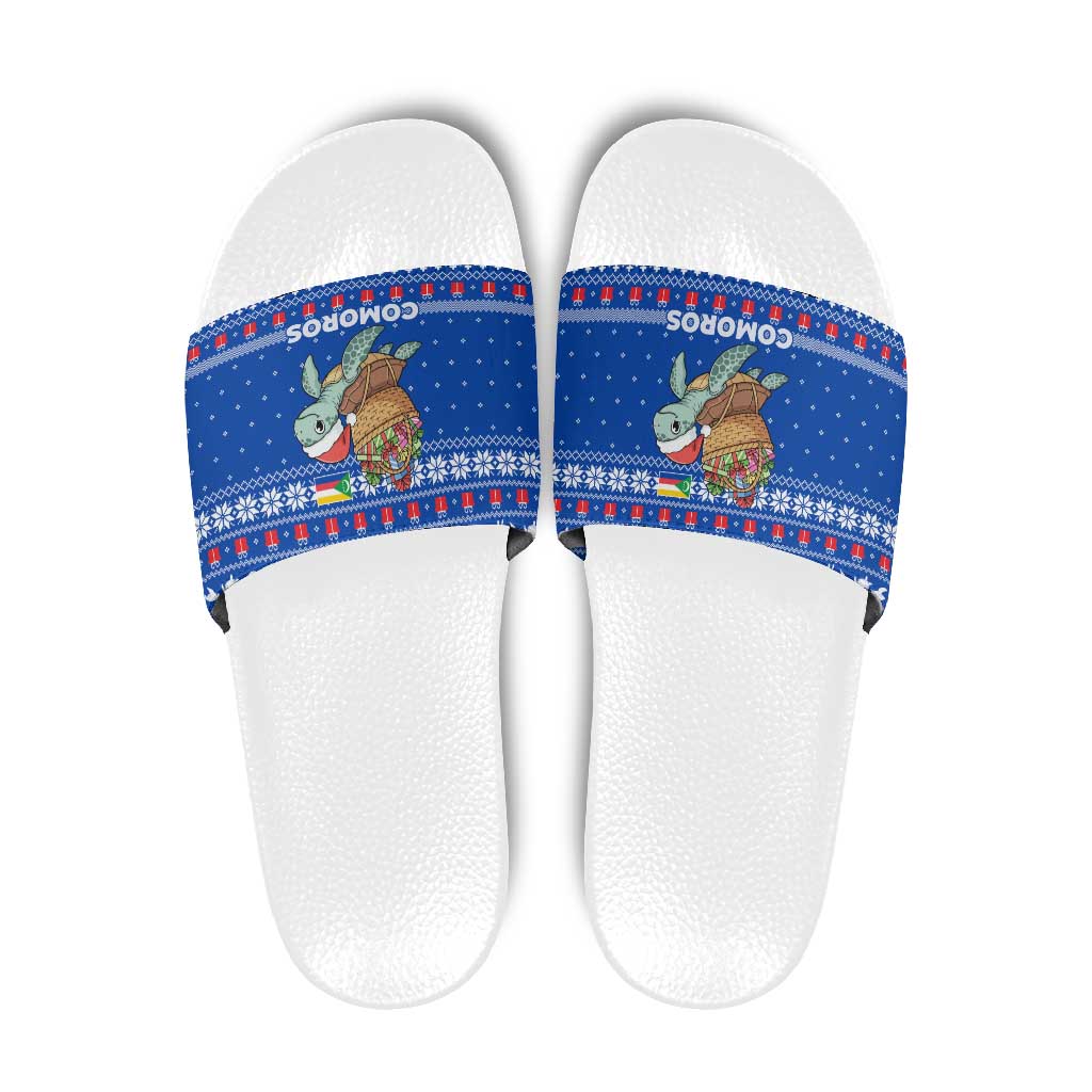 Comoros Christmas Slide Sandals with Santa Turtle Gifts Snowflakes and Ocean Blue Holiday Pattern - Wonder Print Shop