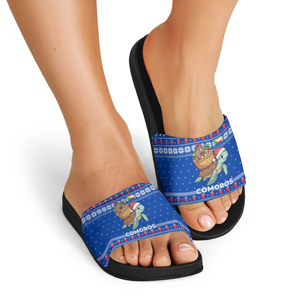 Comoros Christmas Slide Sandals with Santa Turtle Gifts Snowflakes and Ocean Blue Holiday Pattern - Wonder Print Shop