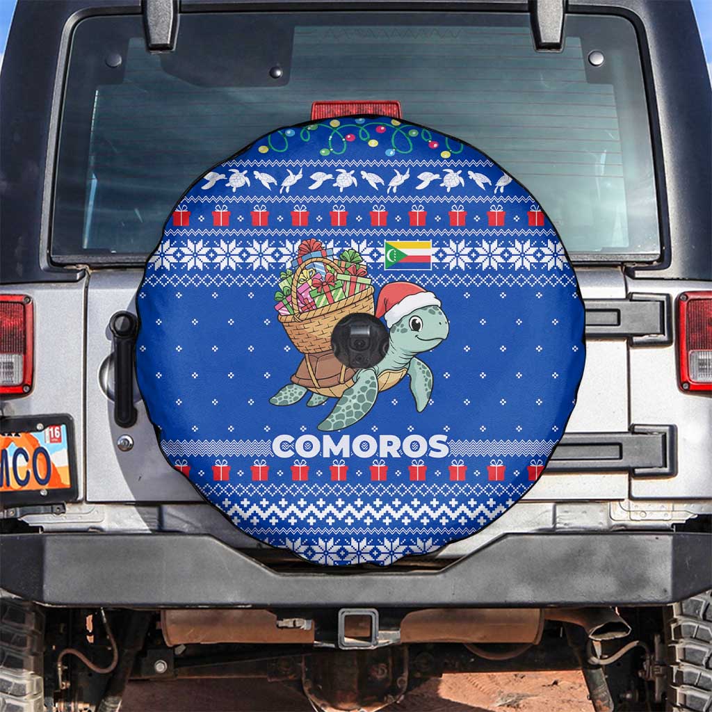 Comoros Christmas Spare Tire Cover with Santa Turtle Gifts Snowflakes and Ocean Blue Holiday Pattern - Wonder Print Shop
