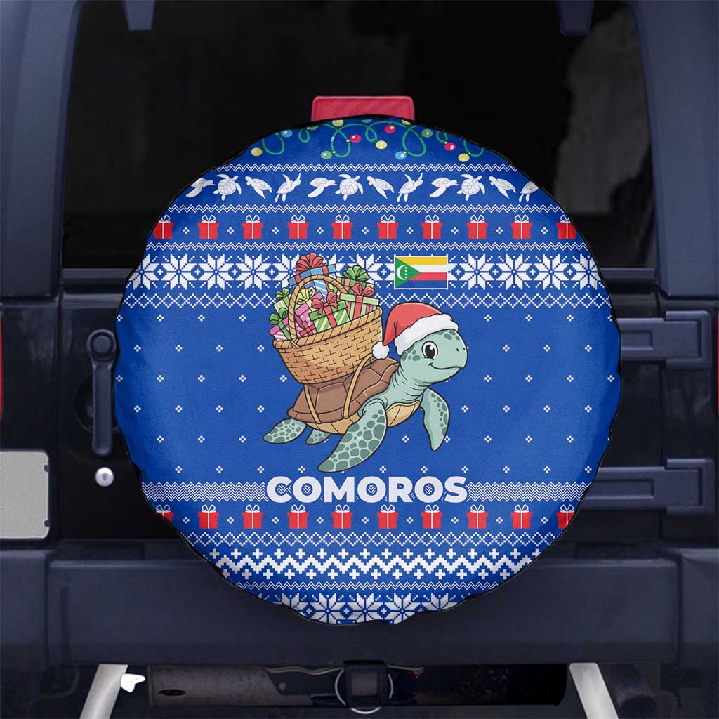 Comoros Christmas Spare Tire Cover with Santa Turtle Gifts Snowflakes and Ocean Blue Holiday Pattern - Wonder Print Shop