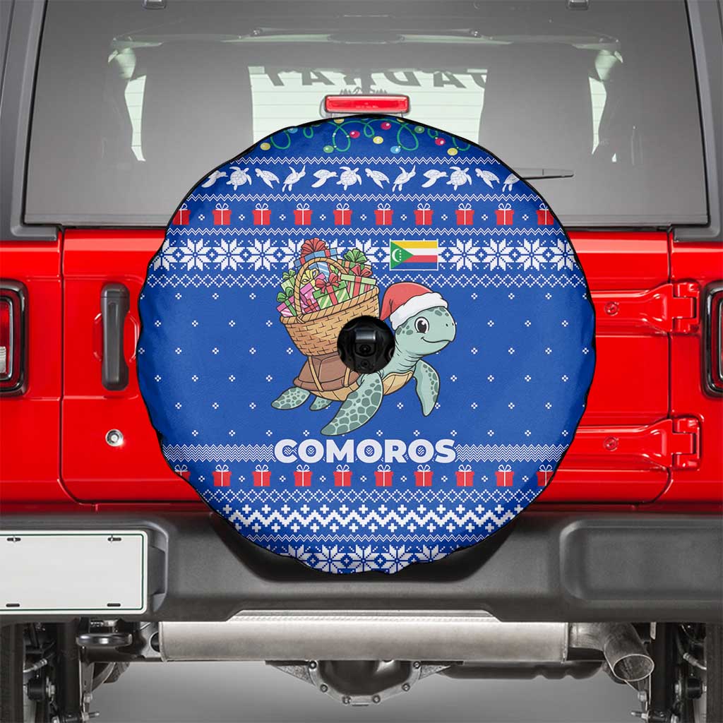 Comoros Christmas Spare Tire Cover with Santa Turtle Gifts Snowflakes and Ocean Blue Holiday Pattern - Wonder Print Shop