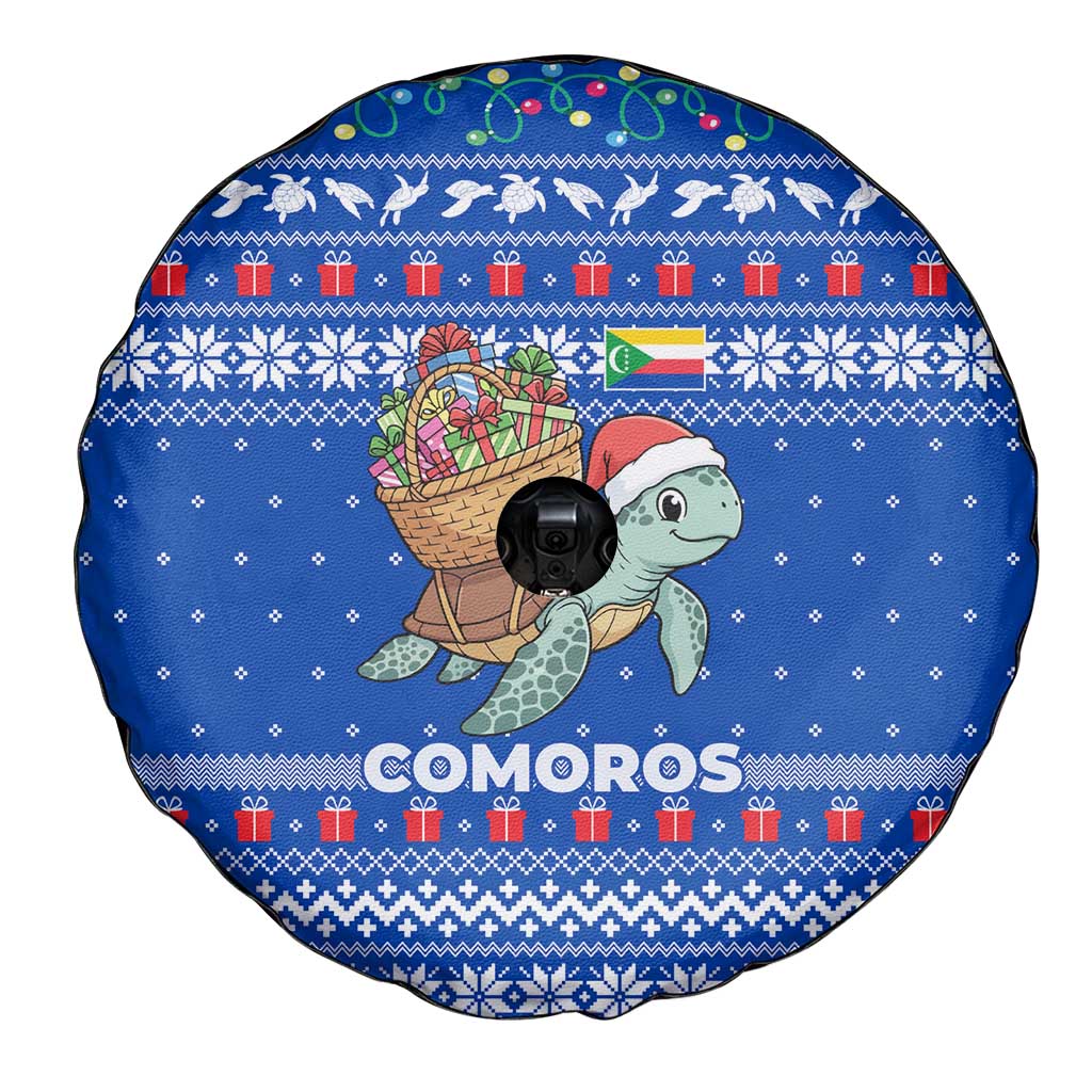Comoros Christmas Spare Tire Cover with Santa Turtle Gifts Snowflakes and Ocean Blue Holiday Pattern - Wonder Print Shop
